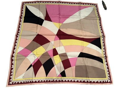 复古 E PUCCI 34 英寸 SQ 丝绸围巾抽象几何形状白色粉红色黑色 — 第 1/4 张图片