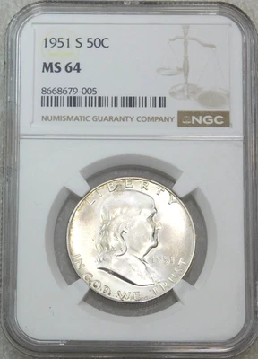 1951-S Franklin Half Dollar NGC MS64 Frosty White Just Graded New Holder #P177M - Image 1 of 4
