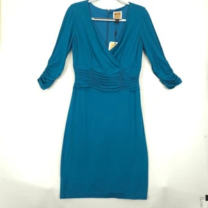 NUE by Shani Teal Body Architecture Dress Women 8 Ruched V Neck 3/4 Sleeve NWT - Picture 1 of 14