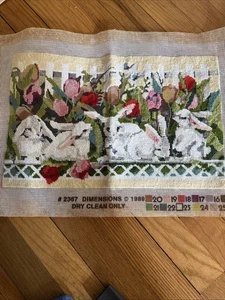 Partially Finished Dimensions Needlepoint Canvas Featuring Bunnies And Tulips - Picture 1 of 5