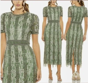 Vestido Formal Mac Duggal Cristal Flecos Cuentas Columna Midi Verde Talla 8 Nuevo con Etiquetas - Imagen 1 de 8