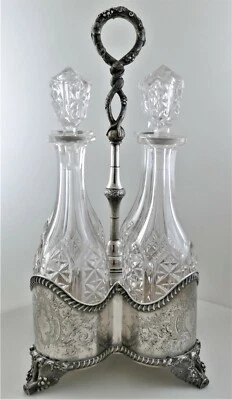 pls SEE VIDEO 1-of-a-kind LINCOLN FOSS DECANTER STAND 4 BOTTLES COIN SILVER 1850 - Image 1 of 4