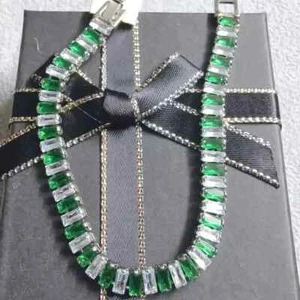 Tennis Bracelet for Her Baguette Simulated Emerald & Diamond Stainless Steel - Picture 1 of 5