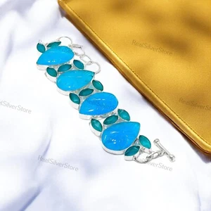 Aqua Chalcedony Gemstone Bracelet | 925 Silver Plated Adjustable Jewelry - Picture 1 of 4
