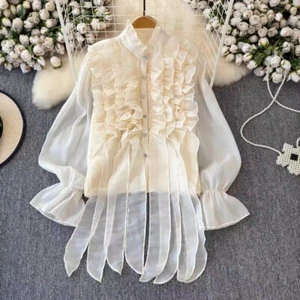 Damen Rüschen Blusen Band Tops Shirts T-Shirts Chiffon transparent Puffärmel Fee - Bild 1 von 15