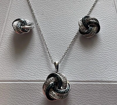 M Signed Sterling Silver Clear Blue Necklace  & Earrings Set New 18” Knot - Image 1 of 3