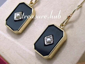 s E200 Genuine REAL 9ct SOLID Yellow Gold Natural ONYX & Pearl Mourning Earrings - Picture 1 of 4