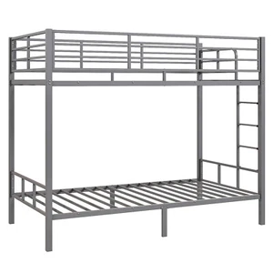 Grey Twin Bunk Bed Square Tube High Guardrail Side Ladder Opening Iron Bed - Picture 1 of 11