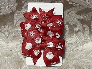 Red Santa Christmas Hair Bow Clips 3” Grosgrain Ribbon Girl Hair Barrette Set - Picture 1 of 3