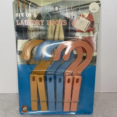 Juego de 6 ganchos de lavandería vintage 1972 azul naranja rosa cocina king nuevo en paquete MCM Foto 1 de 3