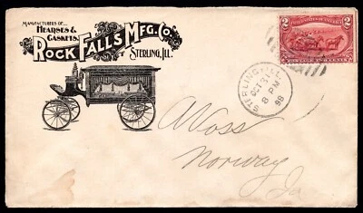 US 1898 ADVERTISING HEARSES & CASKETS COVER FRANKED 2 CENTS TIED - Image 1 of 2