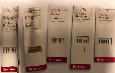RadioShack Resistors Variety Of Sizes. 43+ Packs. 1/2 & 1/4 Watt 5/pk. 20w 1/pk - Image 1 of 4