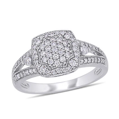 Amour 10k White Gold Diamond Cluster Square Halo Split Shank Engagement Ring - Image 1 of 4