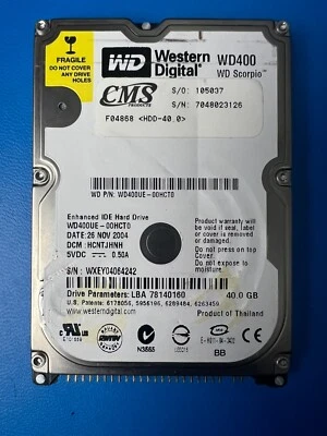 Western Digital WD400 WD Scorpio Enhanced IDE HDD 5v .5a 40GB WD400UE-00HCT0 - Image 1 of 4