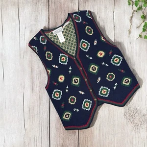 VTG Knit Sweater Vest Womens M Button Up Hand Embroidered Floral Cottage Granny - Picture 1 of 7