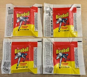 1975 TOPPS BASEBALL MINI CARD WAX WRAPPER LOT X 4 DIFF AD VARIATIONS NO TEARS - Picture 1 of 4