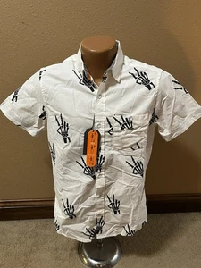 Free Planet Mens S Halloween SS Button Up Shirt White W/Black Skele Hand NWT $48 - Picture 1 of 6