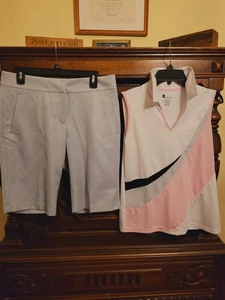 NUEVO CON ETIQUETAS $120 Mujer Izod Conjunto M 6 8 Gris Rosa Pantalones Cortos y Polo Lote - Imagen 1 de 11