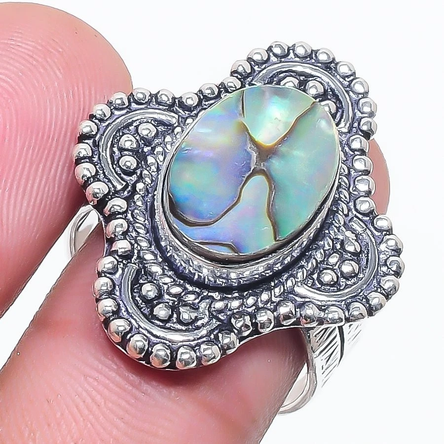 Natural Abalone Shell Gemstone 925 Sterling Silver Jewelry Ring Size 8 (US) - Image 1 of 1