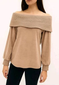 G By Giuliana Black Label Off Shoulder Top Velour Fold Over Neckline Dusty Pink - Bild 1 von 9