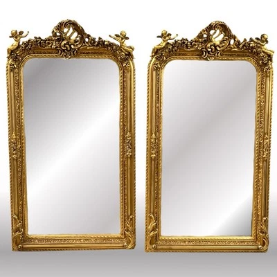 PAIR OF LARGE LOUIS XV STYLE GILT GOLD PUTTI ANGEL WALL MIRRORS, 61.5"H - Image 1 of 4