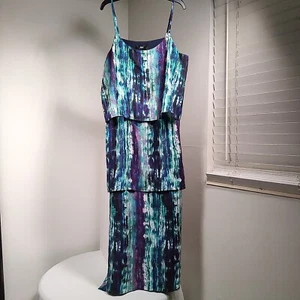 Boho Chic Womens Maxi Dress L Tie Dye Ruffle Spaghetti Strap Hippie Vintange - Picture 1 of 14