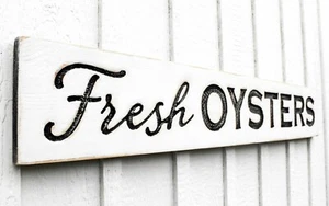 Fresh Oysters Sign - Carved in a Solid Wood Board Seafood Kitchen Restaurant - Picture 1 of 3