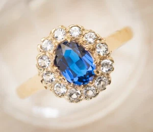 Vintage 9ct Yellow Solid Gold & Lab Created Blue Spinel Ring With Halo Size O1/2 - Picture 1 of 10