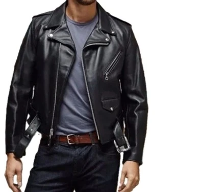 Herren 100 % echtes Lammleder Leder Moto Biker Racer Jacke schwarz Gürtel Jacke - Bild 1 von 4