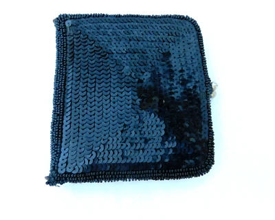 Vintage Black Sequined Covered Coin Purse Lined in White Leather - Image 1 of 4