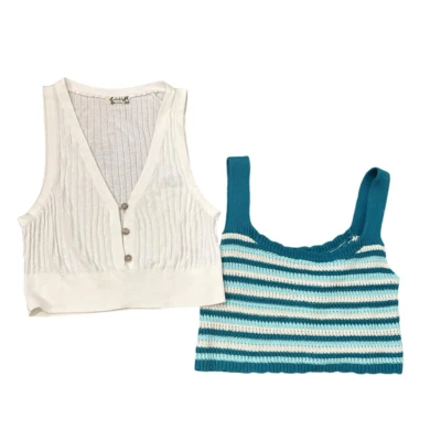 Camiseta sin mangas Free people blanca acanalada recortada tejida XS Wild Fable azul a rayas retro Foto 1 de 4