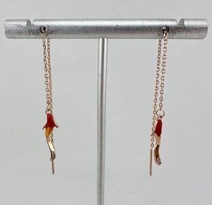 4” Rose Gold Tone Red Yellow Enamel Koi Fish Crystal Accent Chain Stud Earrings - Picture 1 of 5
