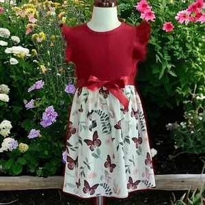 Girls Pinafore Dress 4-5 Stretch Cotton Bodice Flowing Butterfly Skirt Satin Tie - Picture 1 of 11