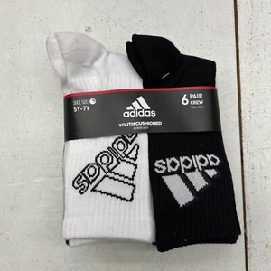 Adidas Black White 6 Pair Crew Ribbed Cushioned Socks Youth Size 5Y - 7Y - Picture 1 of 7