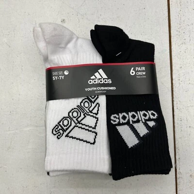 Adidas Black White 6 Pair Crew Ribbed Cushioned Socks Youth Size 5Y - 7Y - Image 1 of 4