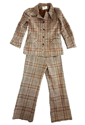 复古 70 年代粗花呢裤子套装女式中号羊毛格子红色黑色衬里拉链 — 第 1/4 张图片