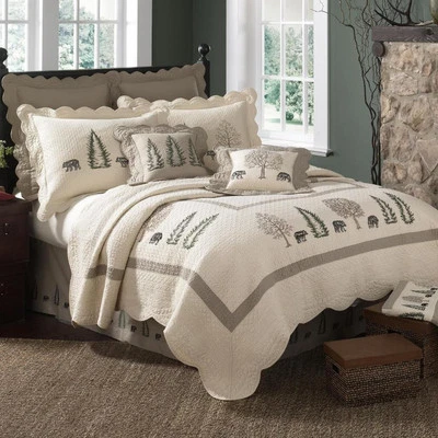 Donna Sharp Bear Creek Quilt 3- Pc King Set Cotton Embroidered Country Lodge Tan - Image 1 of 4