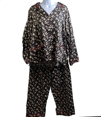 Conjunto de pijama Miss Elaine negro floral mezcla de algodón 2 piezas ropa de dormir salón XL Foto 1 de 4