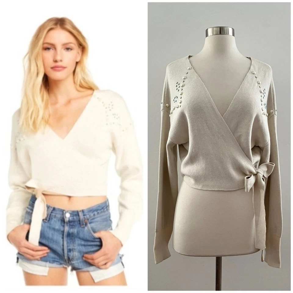 Wildfox Wilder 珍珠领带裹身毛衣装饰串珠裁剪奶油色大号全新带标签 — 第 1/4 张图片