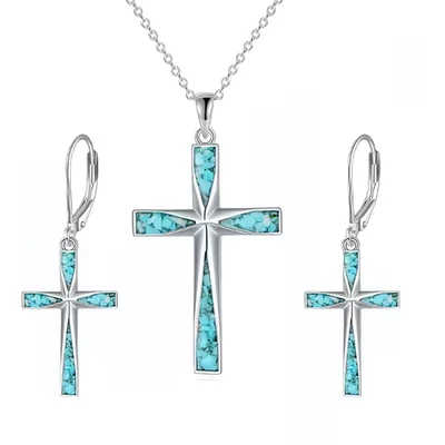 Cross Necklace and Earrings Set - Silver Tone with Turquois style inlay stones. - Image 1 of 4