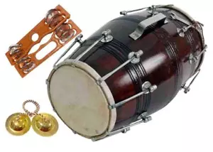 Professional Mango wood Nut & Bold fitting Dholak with Manjira & Khartal - Picture 1 of 3