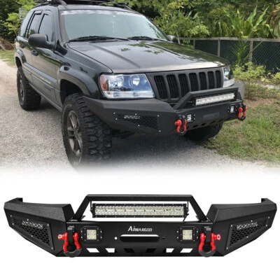 Parachoques delantero de acero para Jeep Grand Cherokee WJ 1999-2004 con luces LED de asiento de cabrestante Foto 1 de 4