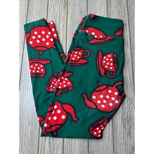 Leggings LuLaRoe taglia unica con stampa teiera e coppa verde rosso - Foto 1 di 3