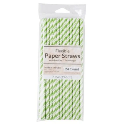Paper Straws Lime Green White Stripes 24ct 7.75" tall New - Image 1 of 2