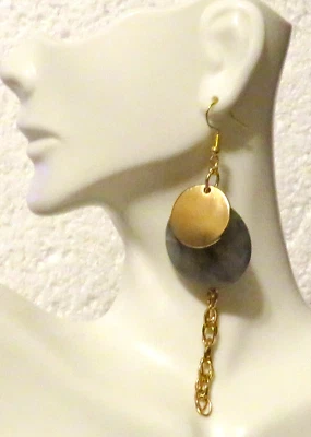 Матовый золотой диск искусственного мрамора золотой цепи Tri подвеской серьги 3 1/4» длиной - Изображение 1 из 3