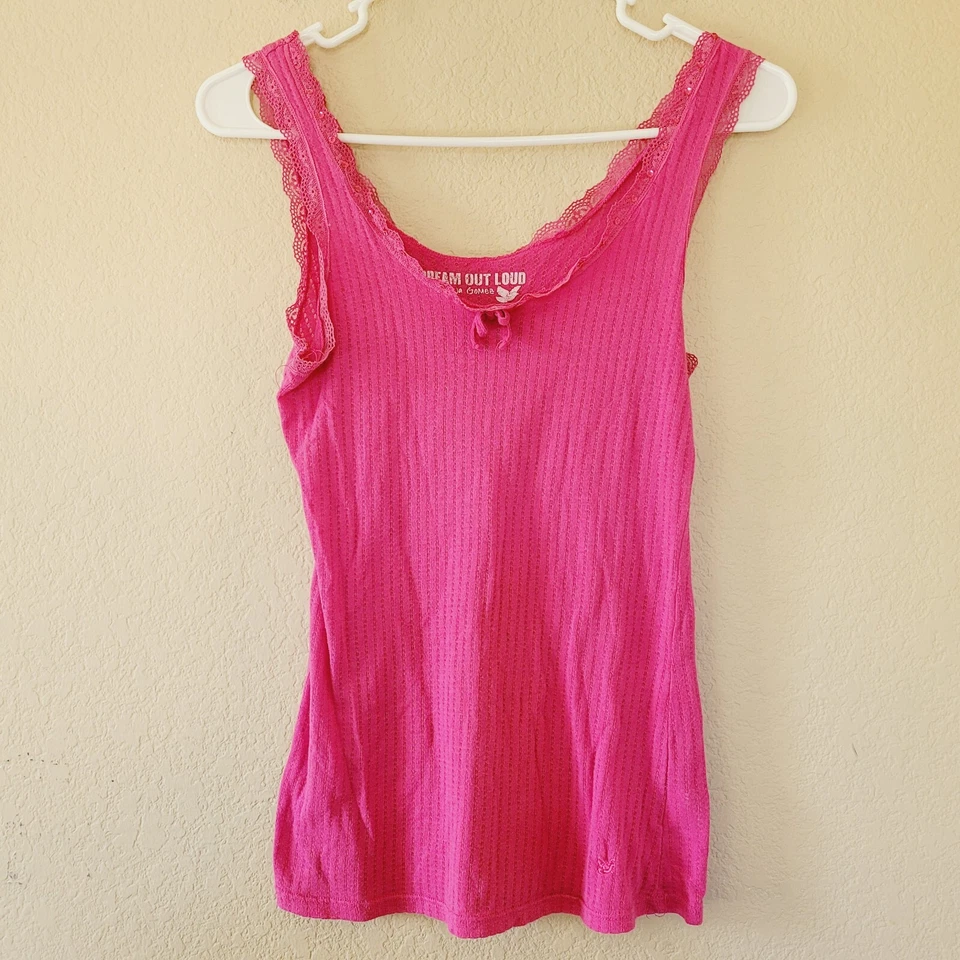 DREAM OUT LOUD Selena Gomez 90s Y2k Pink Lace Tank Size Large Sequin Bow Ribbed - Image 1 of 4