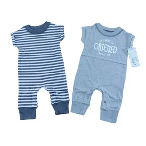 NB Baby Romper Set Striped & 'Obsessed' Text Print Cotton Jumpsuits Blue & Gray - Picture 1 of 10