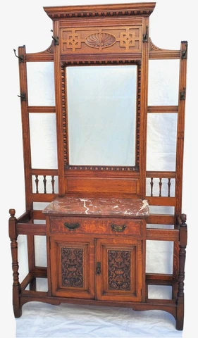 Antique 1890s Carved Oak Hall Tree w Hooks, Mirror, Marble Top & Storage Cabinet Cover