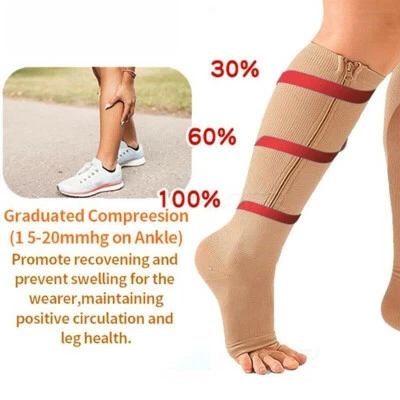 Zippered Medical Compression Socks Support Open Toe Knee Stockings Men Women US - Image 1 of 4