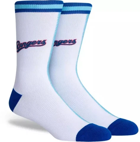 New! Texas Rangers Split White Blue Red Crew Socks Mens Large Fits Size 6-12 MLB Cover